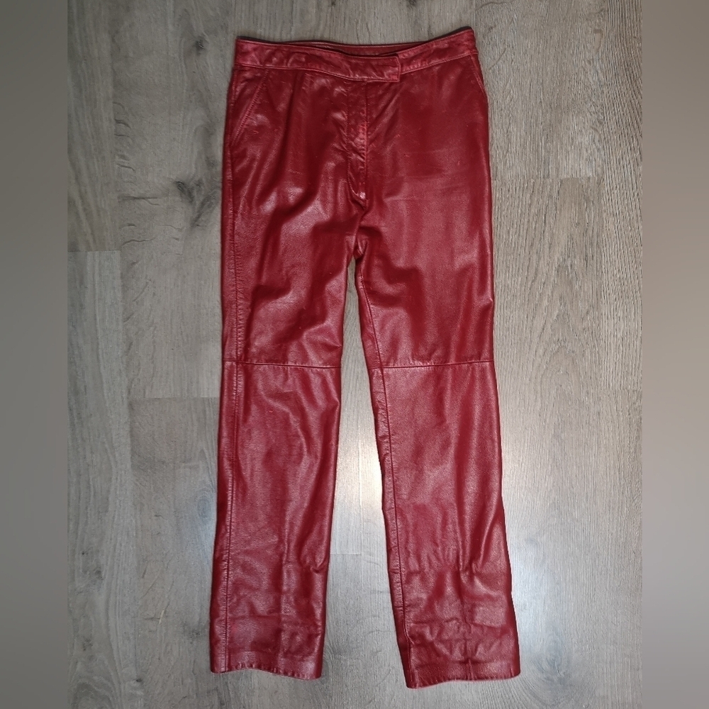 𝅺80s Vintage Chili RED High Waist Authentic Waxy Leather Straight Legged Pants